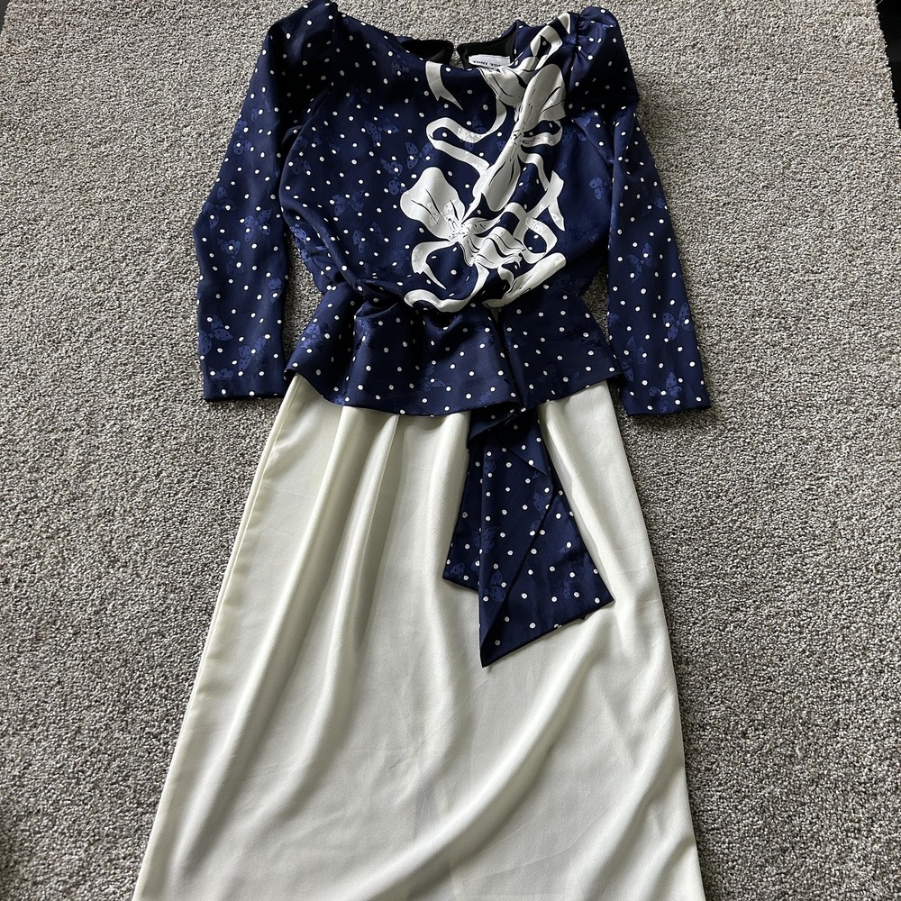 Vintage Toni Todd Dress Womens 10 Blue Polka Dot Peplum Bow Satin Long Formal